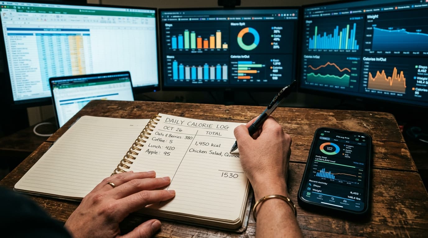 Hand writing in a daily calorie log notebook next to charts on multiple monitors
