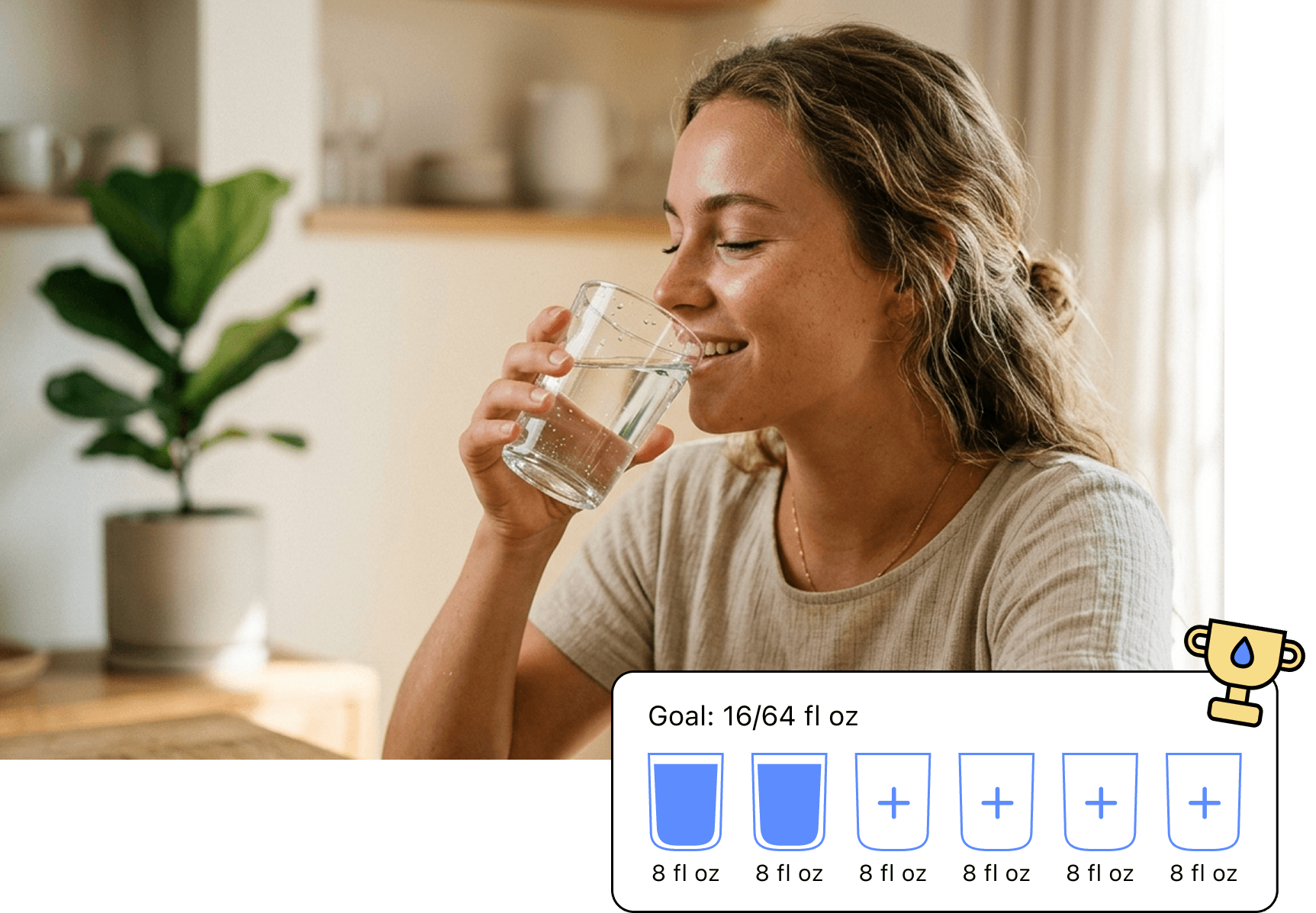 Woman drinking a glass of water next to the WholePlate hydration tracker showing a daily goal of 16 of 64 fl oz