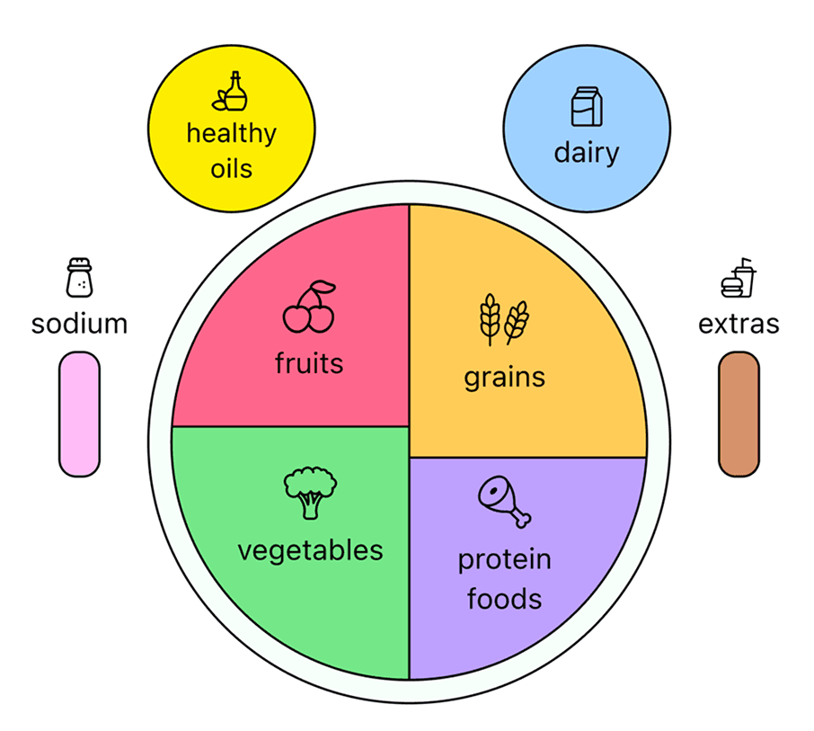 WholePlate plate diagram showing fruits, grains, vegetables, protein foods, healthy oils, dairy, sodium, extras, and water tracking
