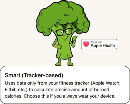 Broccoli mascot illustration next to a 'Works with Apple Health' badge and a card explaining tracker-based SMART calorie tracking
