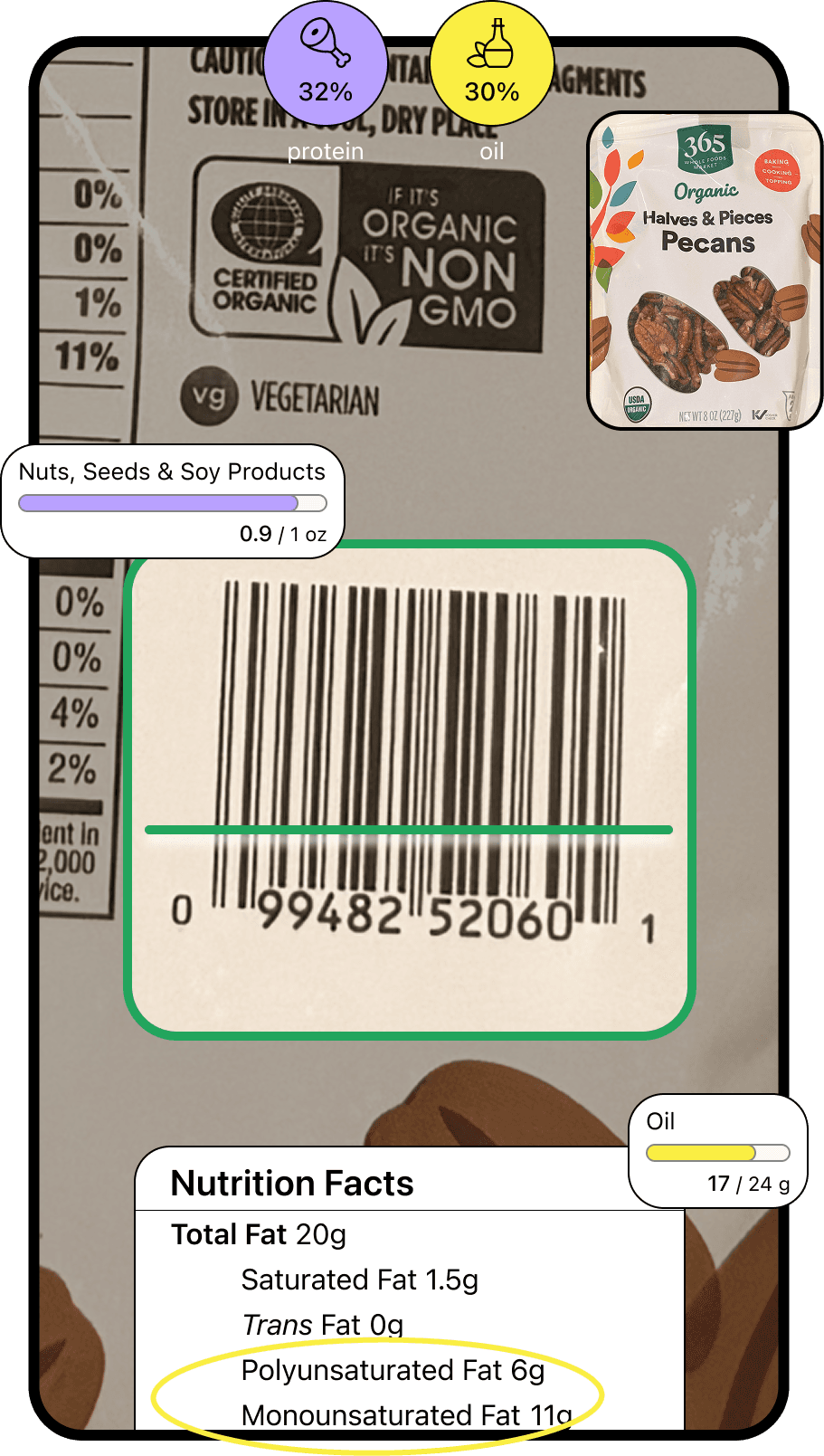 WholePlate app screen showing food logging by barcode
