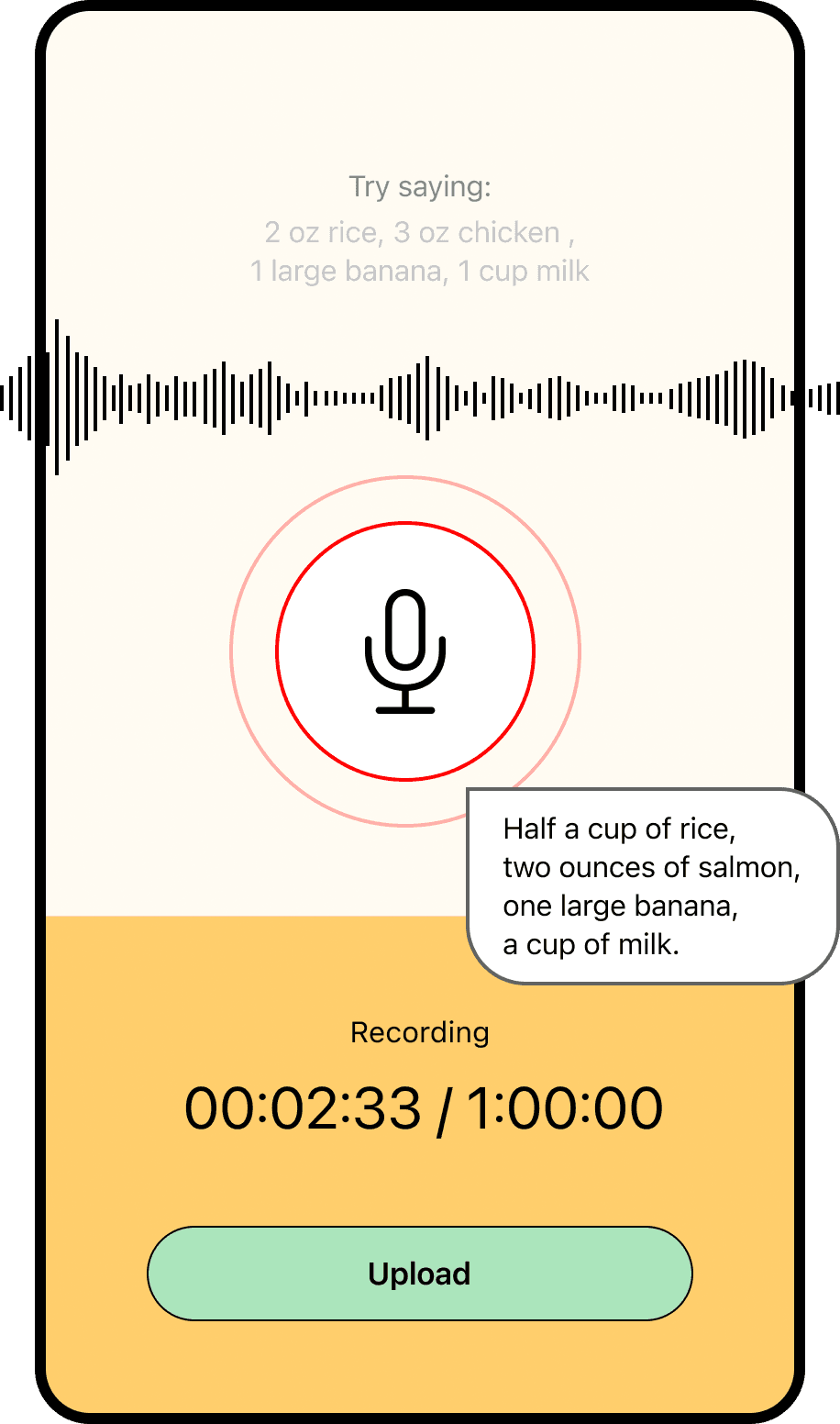 WholePlate app screen showing food logging by voice