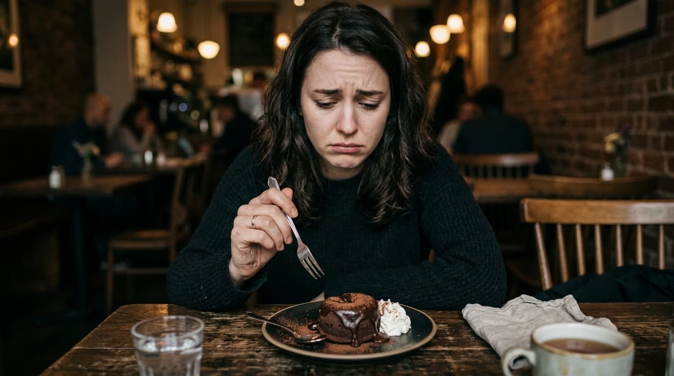Woman looking at a chocolate dessert with a guilty expression