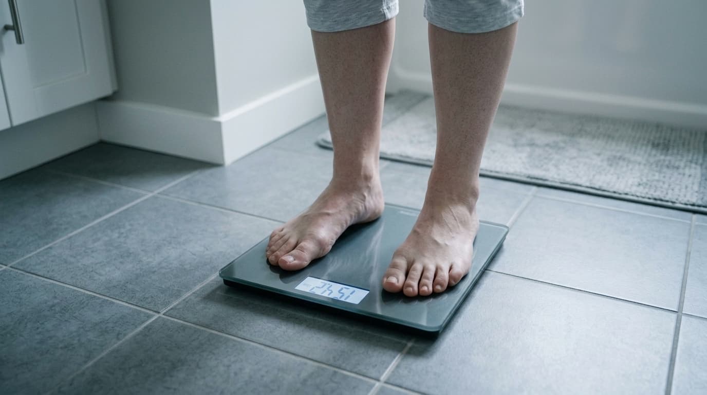 Bare feet standing on a bathroom scale